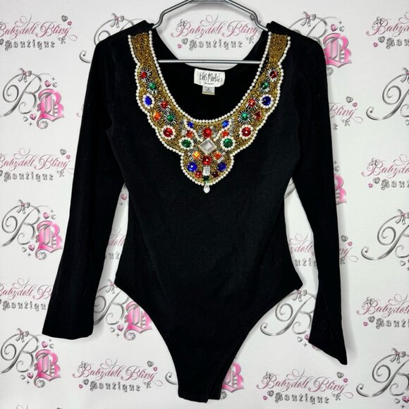 Bob Mackie blouses body suit embroidered jewels diamonds neckline stretchy - Picture 5 of 8